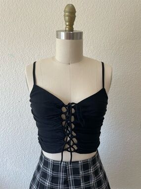 Blue Blush Black Lace-Up Ruched Crop Top